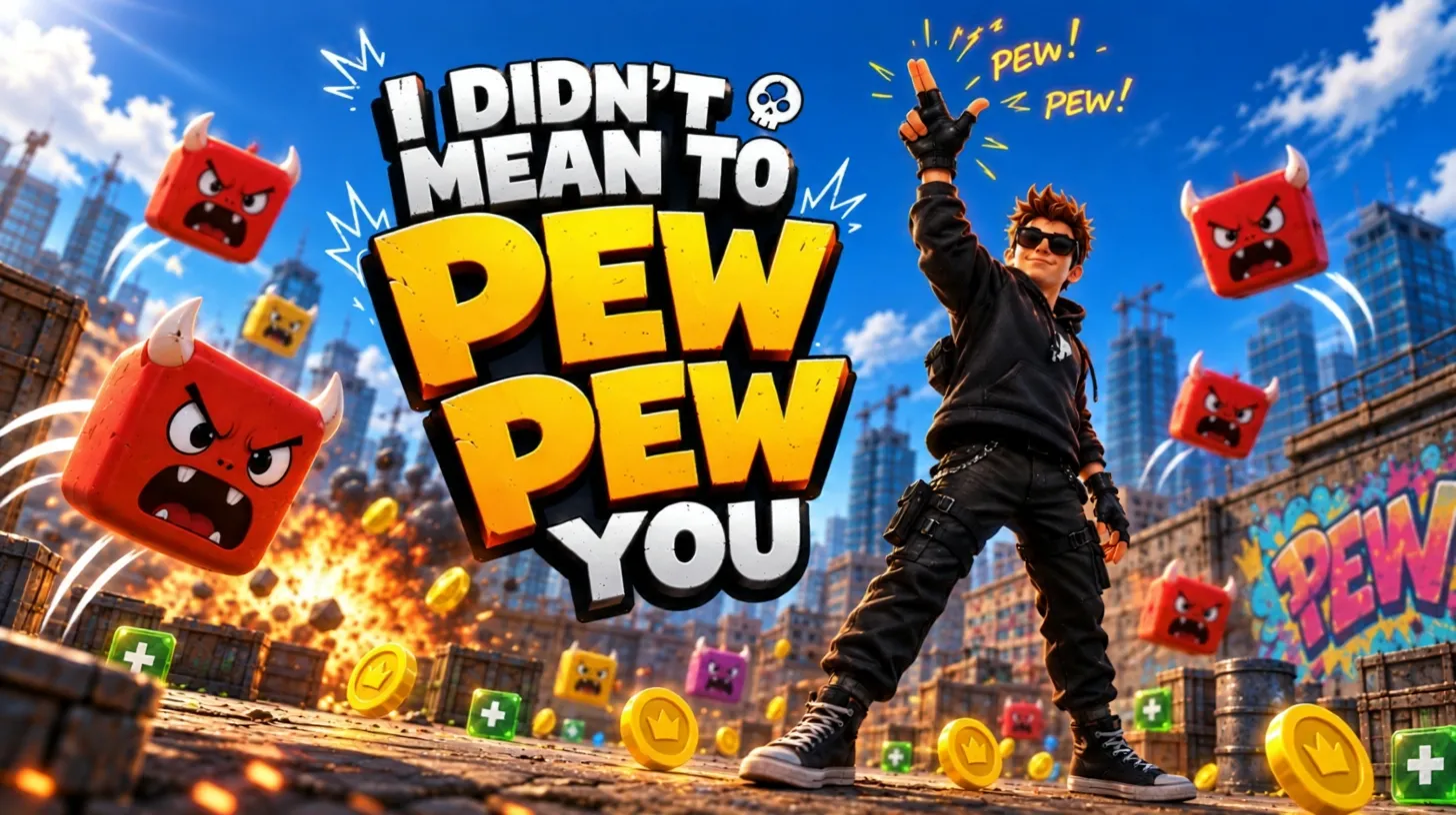Key art for I Didn’t Mean to Pew Pew You. A guy in black points a finger gun at the sky while angry cube monsters bounce through a sunny city full of construction cranes.